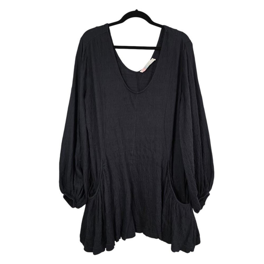 Free People Beach L Bayside Mini Dress Black Textured Gauze Balloon Sleeve